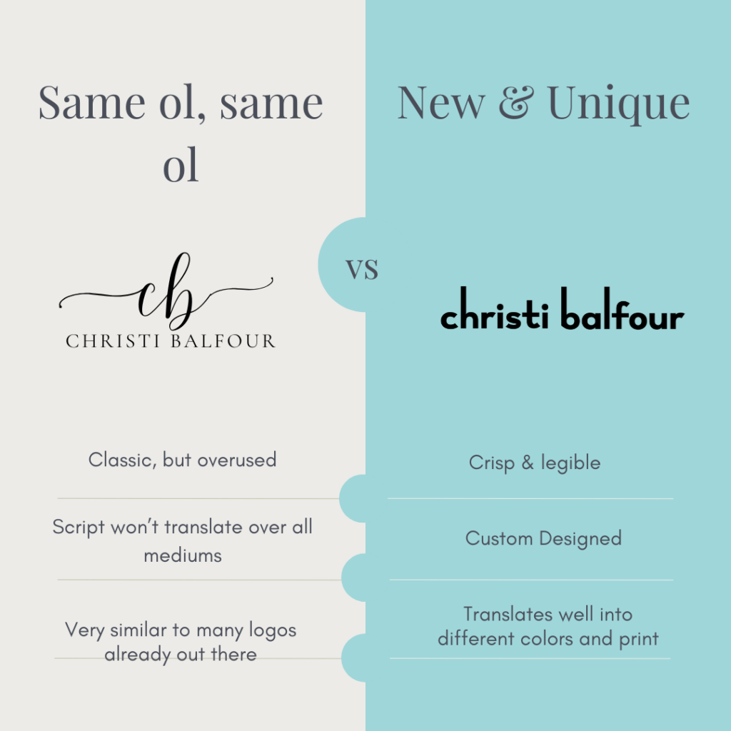 branding comparisons of two logos, one custom and one mass produced on Etsy